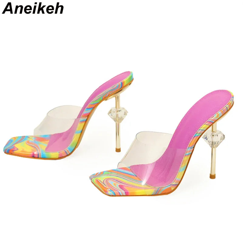 Aneikeh NEW Sexy Strange Transparent Heels Slippers Fashion TOTEM PU Summer Sandals Peep Toe Slip-On Clear Shoes Women Slides
