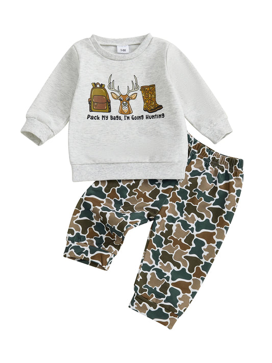 Infant Boy s Cozy Winter Ensemble Reindeer Graphic Pullover with Long Sleeves and Camo Print Elastic Waist Pants 2-Piece Set