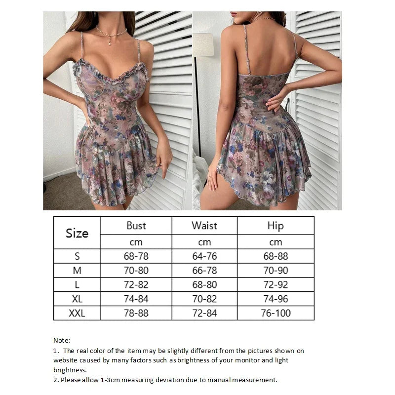 Women's Sexy Floral Nightdress Set Printed Lingerie Pajamas Suit Low-cut Erotic Slip Dress Female Babydoll Costumes
