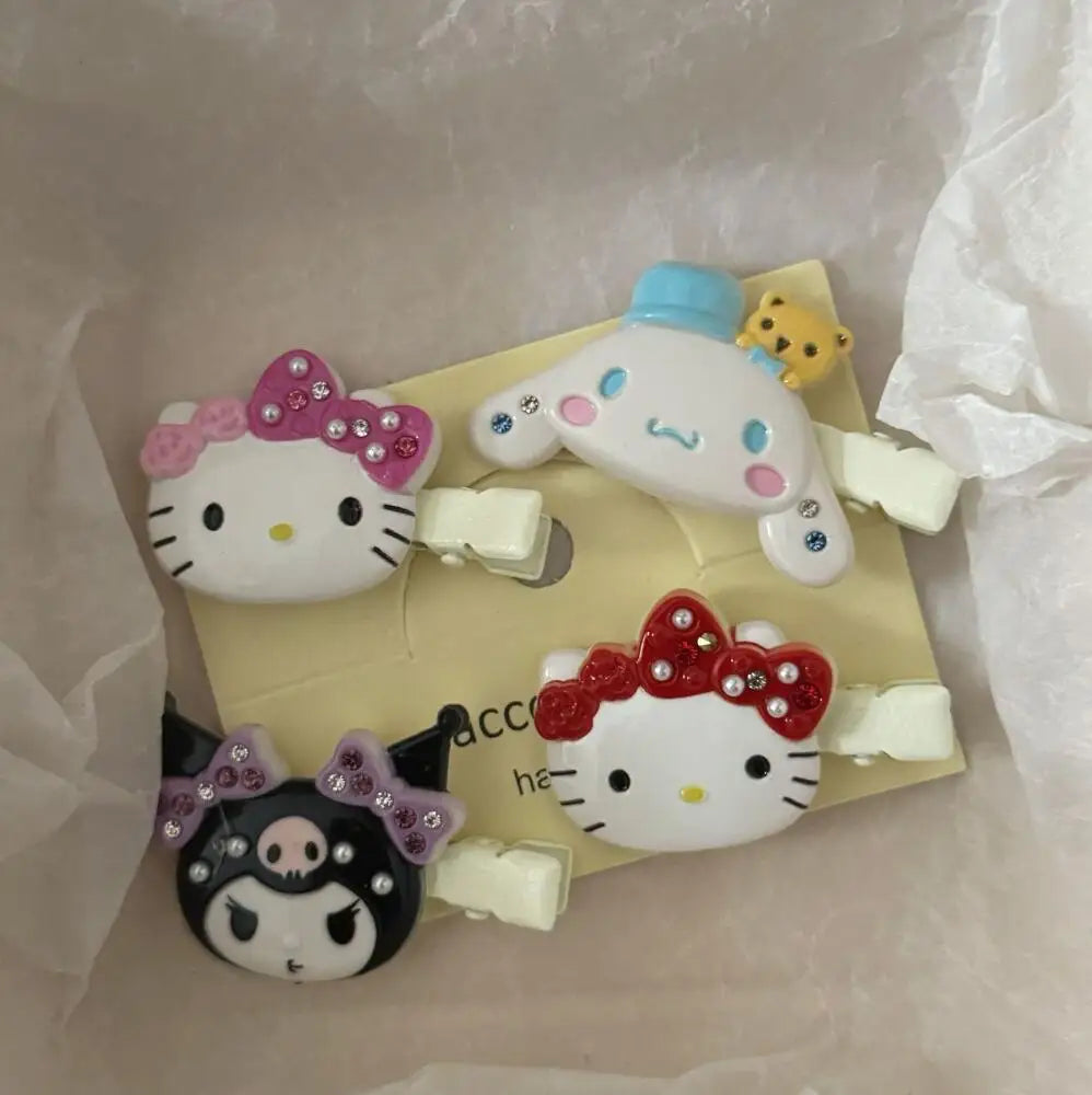 Sanrio Hello Kitty Hair Clips Shiny Pink Crystal My Melody Kuromi Women Hairs Accessories Sweet Girls Headdress Bangs Clip Gift