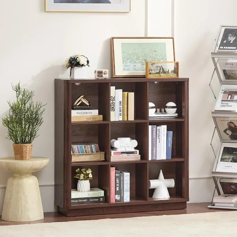 Living room and home office bookshelf: walnut wood 9-cube organizer with curved edge, 40.5 wide floor-standing 3-tier cubby she