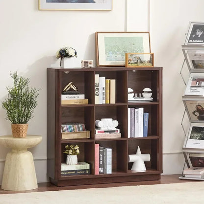 Living room and home office bookshelf: walnut wood 9-cube organizer with curved edge, 40.5 wide floor-standing 3-tier cubby she