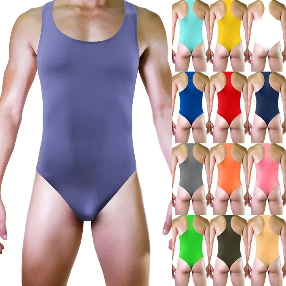 Clothes Men Bodysuit Jumpsuit Masculina Sexy Lingerie Shiny Singlet Soft Ice Silk Innerwear Underwear Backless