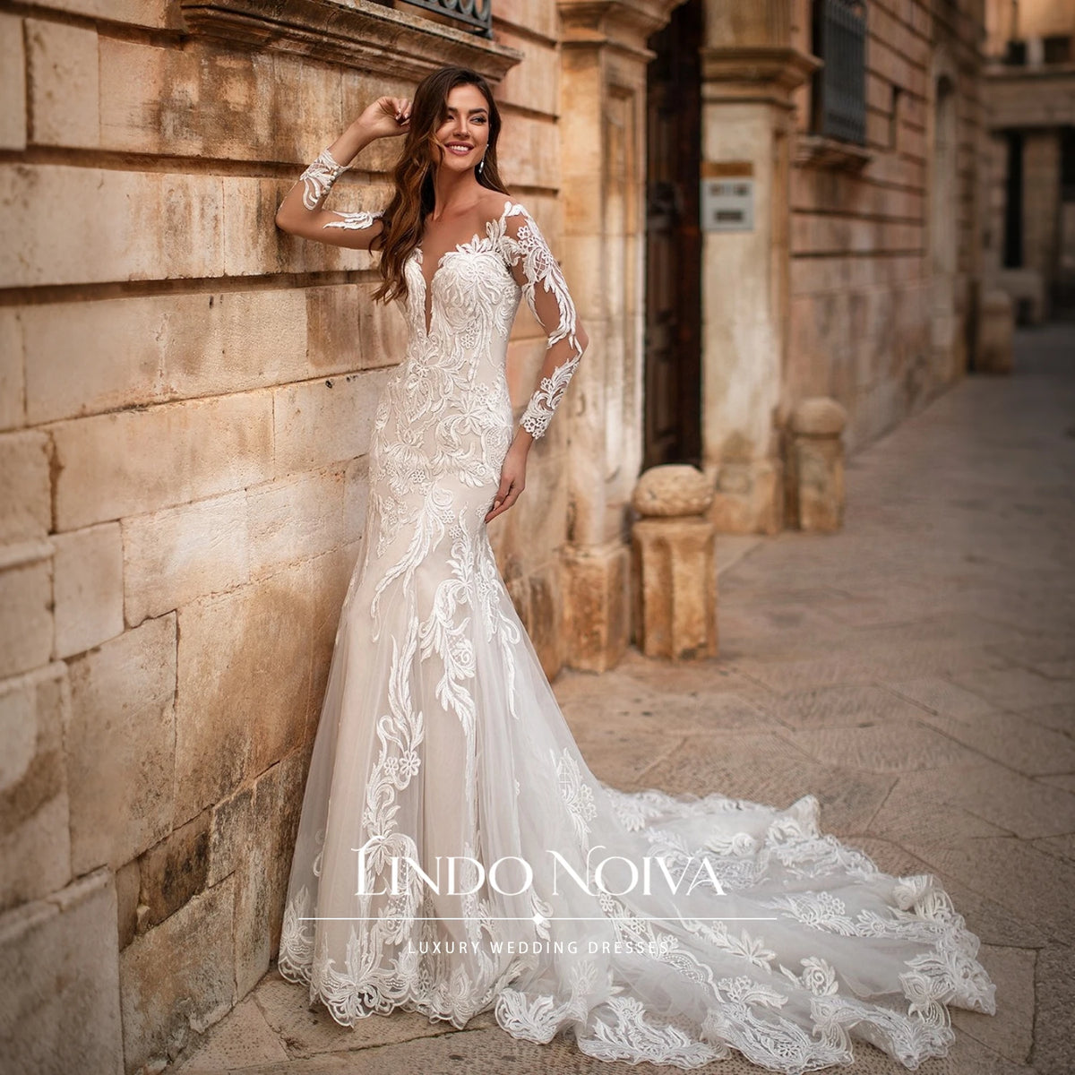 LINDO NOIVA Customized Mermaid V Neck Wedding Dress Illusion Bridal Gowns Vintage Lace Appliques Vestido De Novia