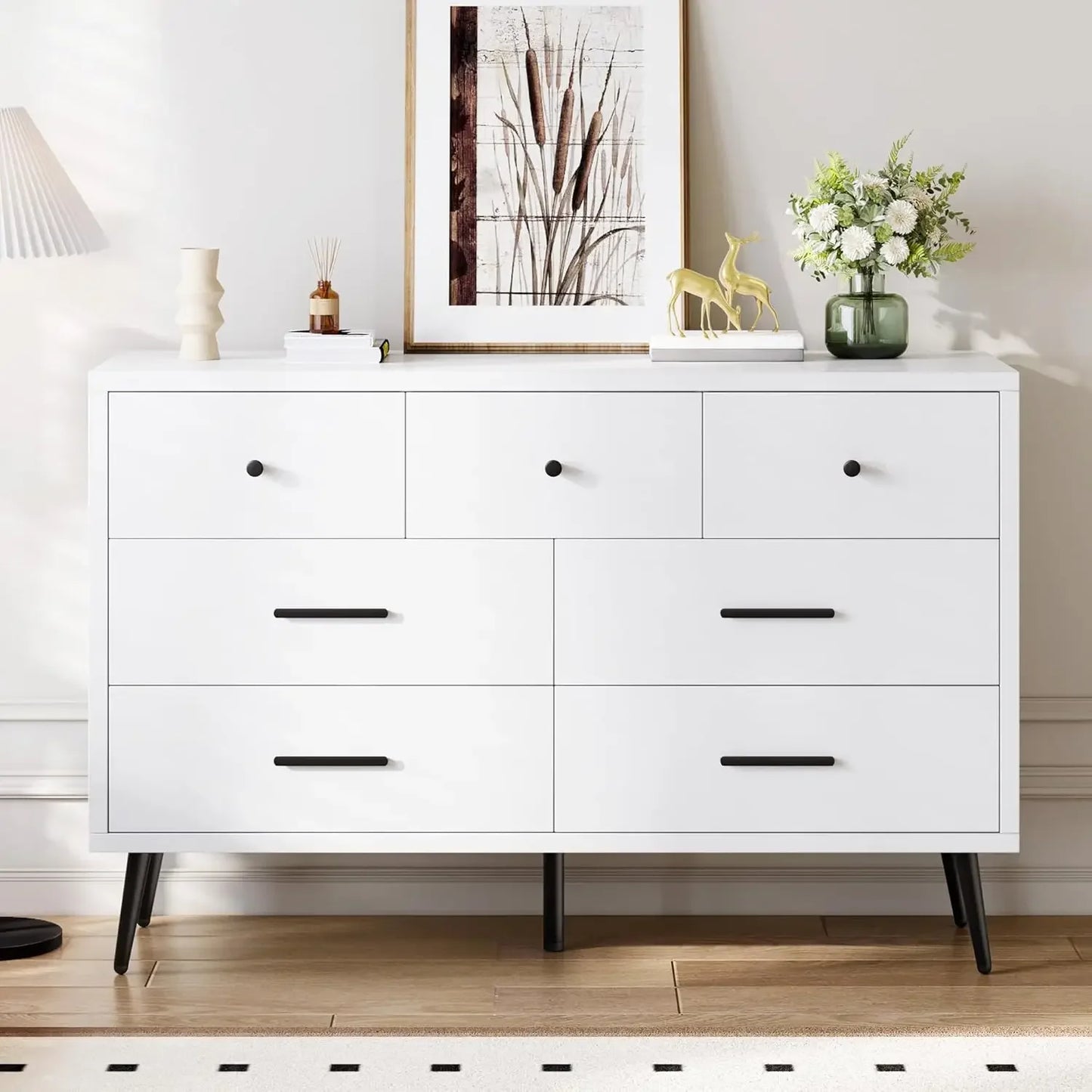 Black Dresser,7 Drawer Dresser with Wide Drawers and Gold Metal Handles, Wood Dressers & Chest of Hallway, Entryway