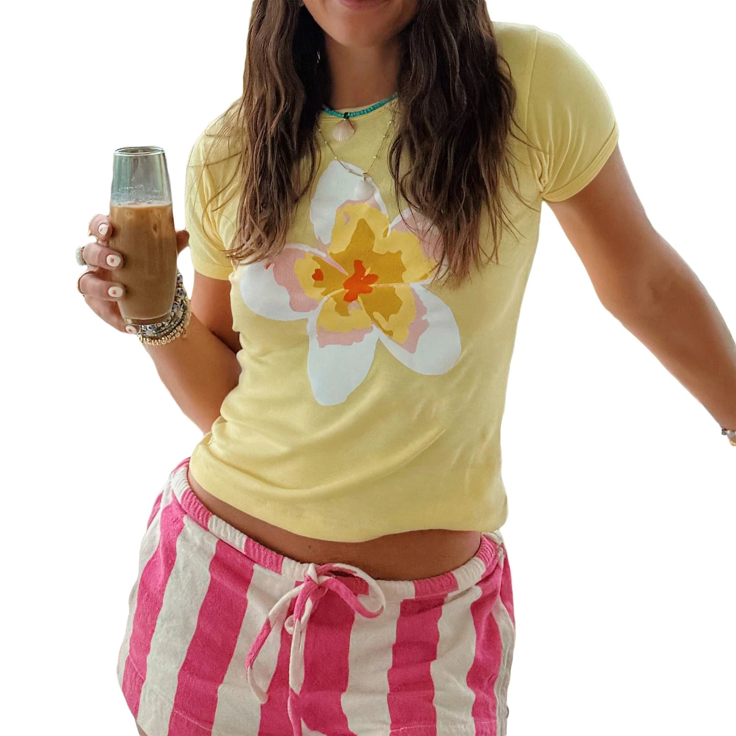 Women Flower Print Baby Tee Y2K Cute Graphic Floral Crop Tops Beach Club T Shirts Summer Vintage 90s Aesthetic Clothes 2025