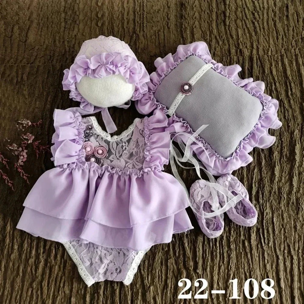 Baby Photography Clothes Cute Princess Style Lace Hat+Posing Pillow+Romper+Shoes Sets Decor Newborn Photoshoot Accessories