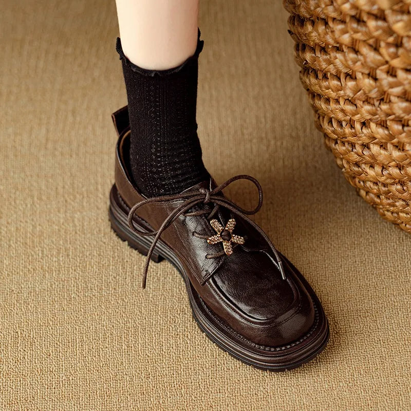 Block Heel Loafers Autumn New Round Toe Deep Mouth Front Lace-Up Rhinestone Non-Slip Wear-Resistant Platform Single Shoes