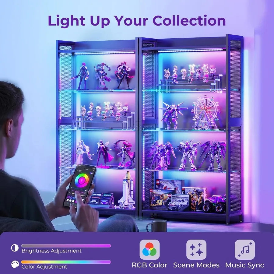 Display Case with Glass Shelves, RGB Light 4-Tier Display Cabinet