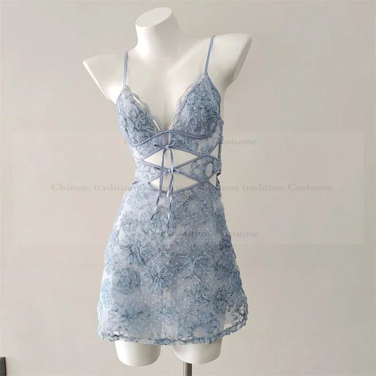 Sexy Spaghetti Strap Mini Homewear Women Sweet Floral Lingerie Hollow Out Lace Bandage Nightgown Sleepweawr Nightwear