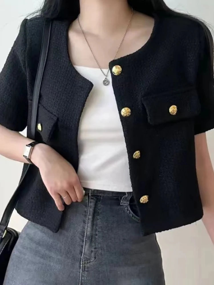 Chic ort Coat Jaet Women's Thin Design Woolen round Ne Quali Lady Open Cardigan Top Commute Sle Loose Fit Bubble Sl...