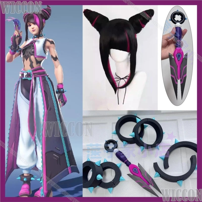 Kiriko Juri Game Han Over Cosplay Game Woman Double Bun Wig Black Purple Hair Cos Prop Choker Bolt Bracelet Halloween Party Cos