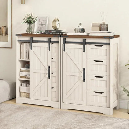 Farmhouse bathroom storage cabinet with 4 drawers and sliding door, white MDF, rustic style for bathroom kitchen living room