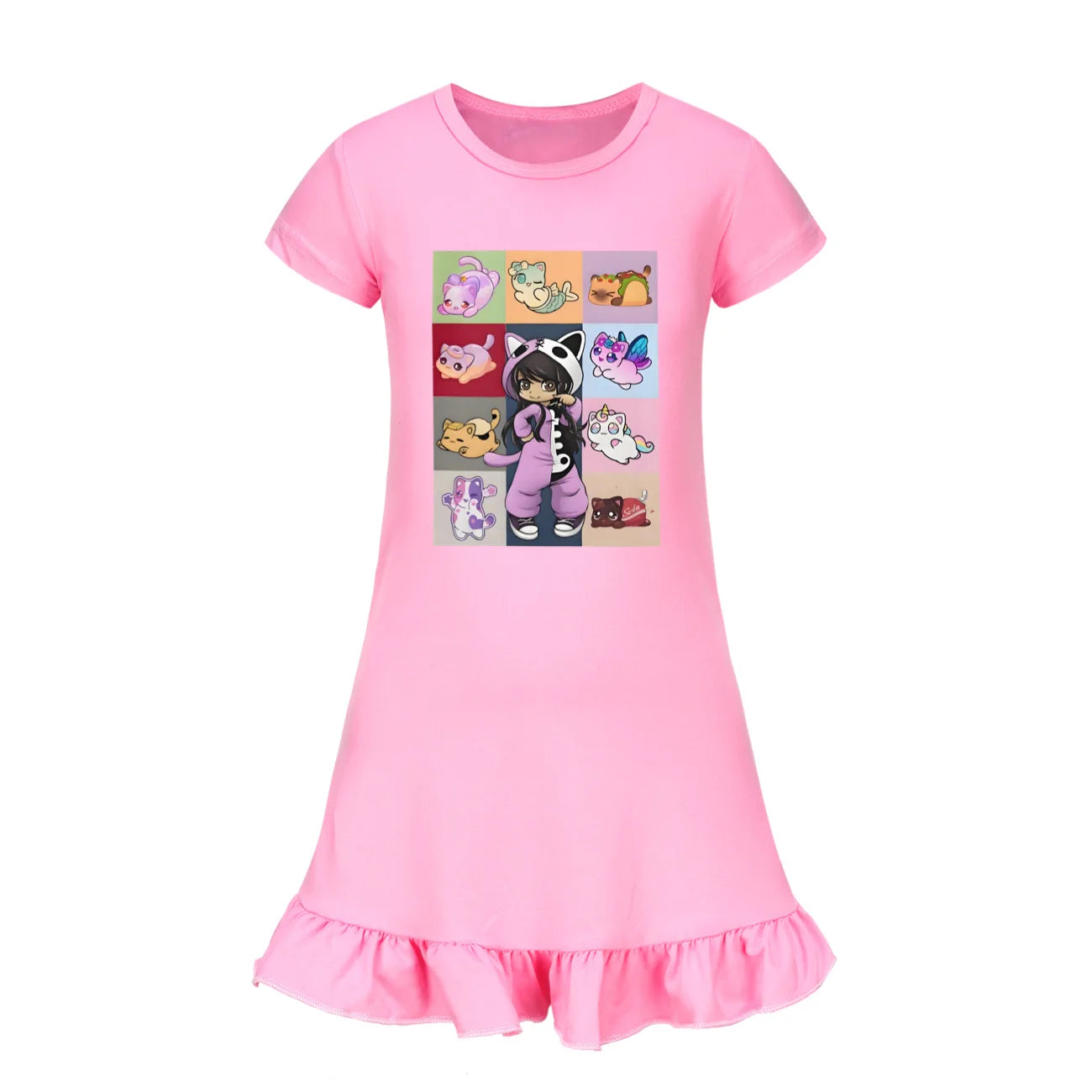 Kids Anime Aphmau Cat Summer Sleepdress Short Sleeve Baby Girls Casual Cartoon Nightgown Daily Wear Clothes for Children