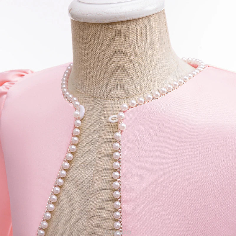 Wed Dress Pink Kids Girls Sleeveless Bow Single Button Coat 2 Piece Satin Set Dresses Tulle Skirt Children Pearl Long Sleeve
