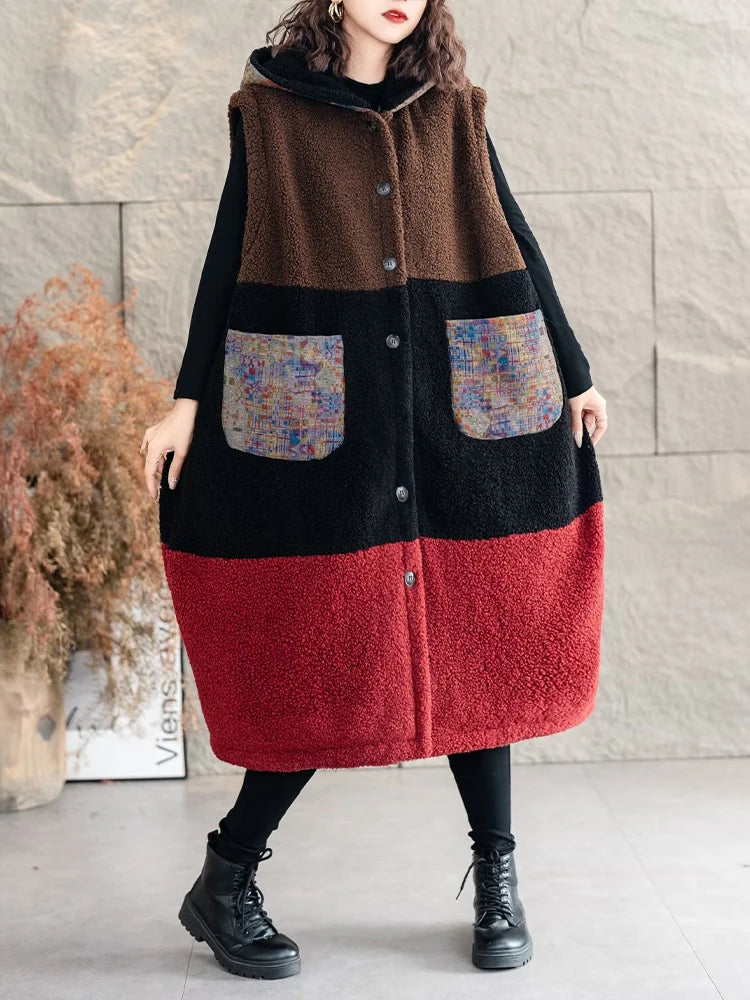 Amax luluE Korean Winter Womens Luxury Fur Padded Long Vest Loose Warm Hooded Sleeveless Coats Classic Casual Thicken Waistcoats