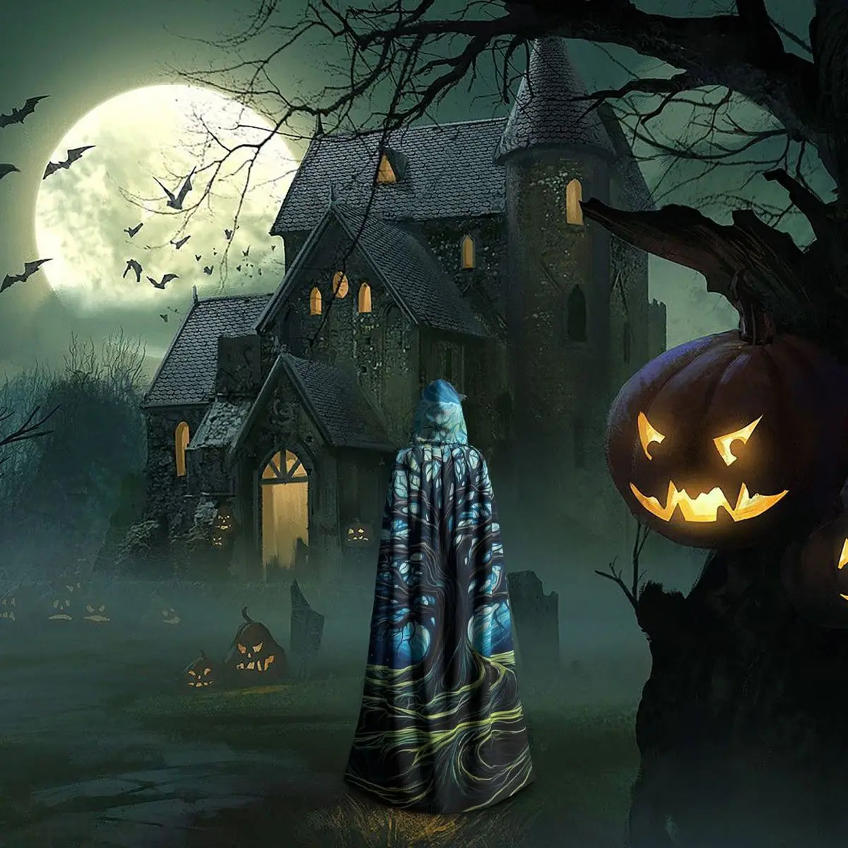 Magic Green Tree  Long Hooded Cloak Witch Medieval Costume Cosplay Cape HalloweenParty Adult Unisex