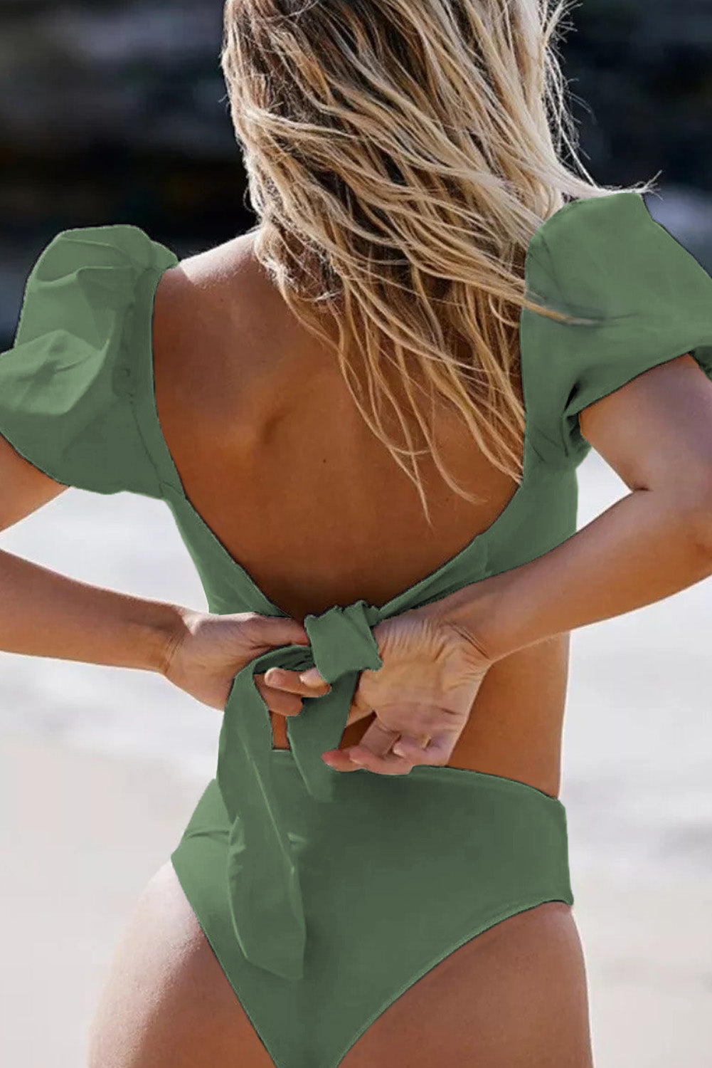 Green Sexy Bubble Sleeves High Waist Bikini
