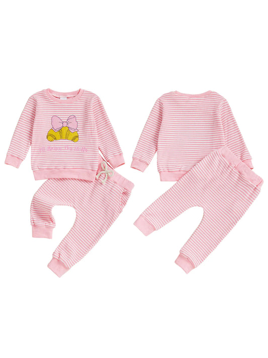 Girls 2-Piece Outfit Embroidered Floral Long Sleeve Top with Ruffled Hem and Cozy Corduroy Pants Set for Fall