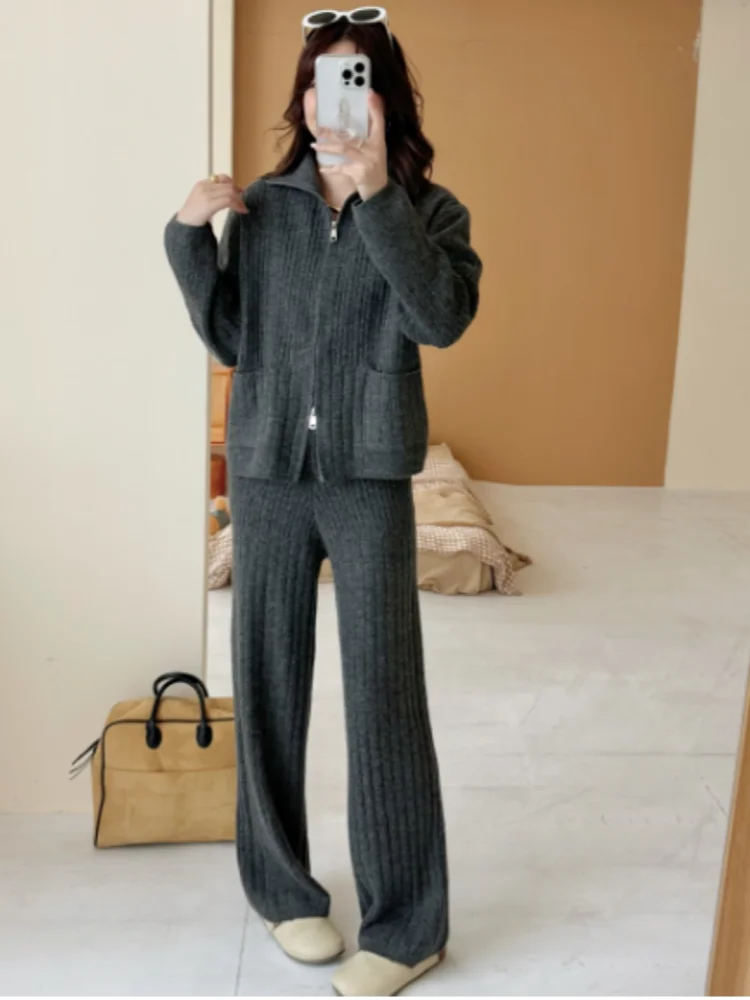 SMTHMA 2025 New Autumn Winter Zipper Turndown Collar Soft Knitted Sweater Two-Piece Set Casual Long Pants 2 Piece Outfits