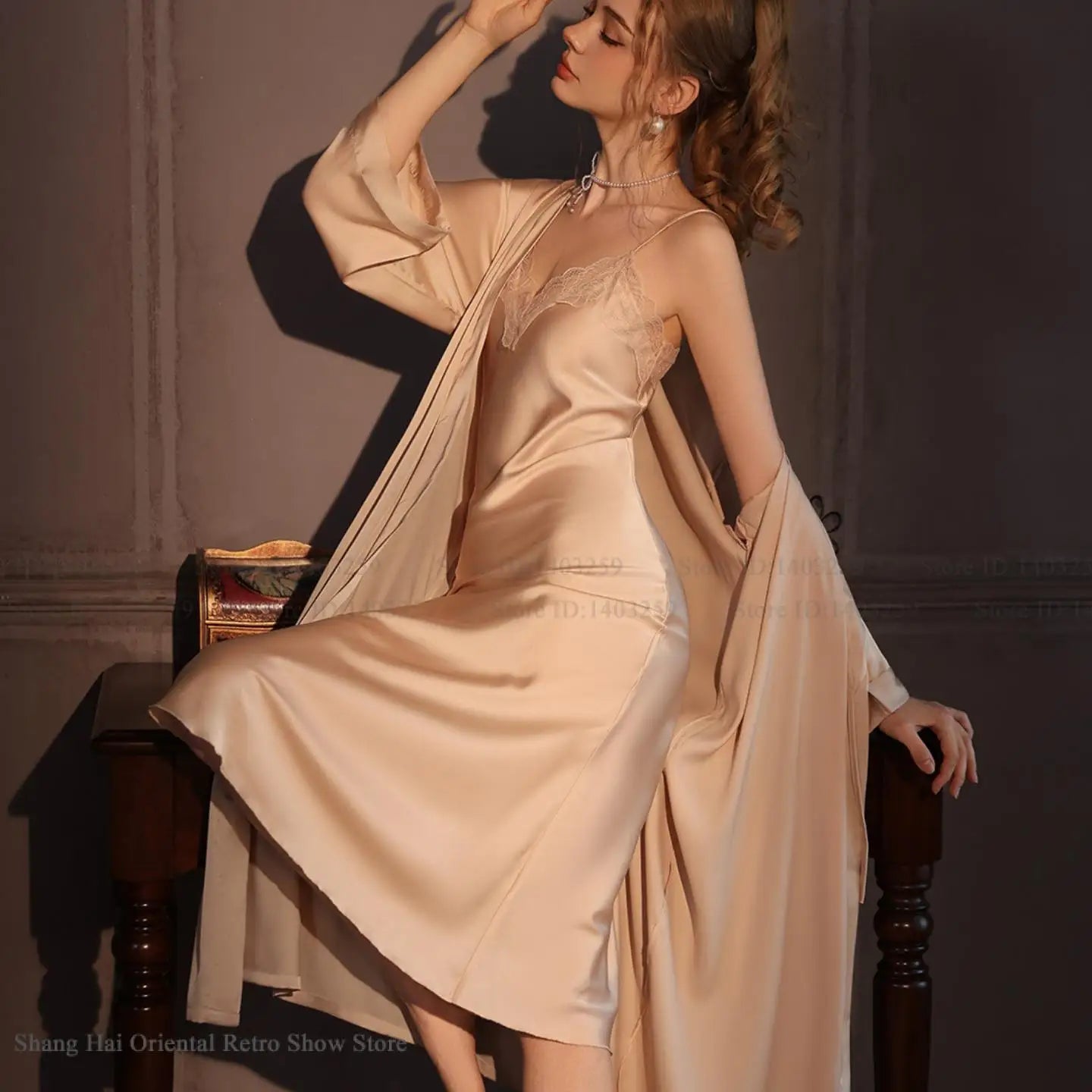 Elegant Female Twinset Robe Set Long Kimono Bathrobe Gown Sexy Lace Nightgown Lingerie Spring Autumn New Sleepwear Home Dress