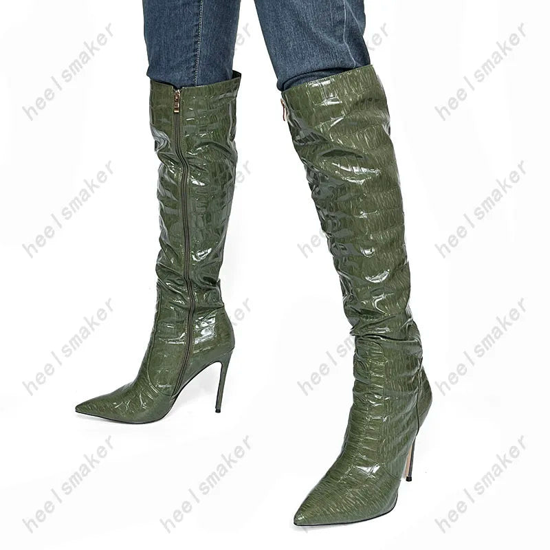 Sukeia New Women Winter Knee Boots Stone Pattern Stiletto Heels Pointed Toe Gorgeous Green Club Shoes Ladies US Size 4-15
