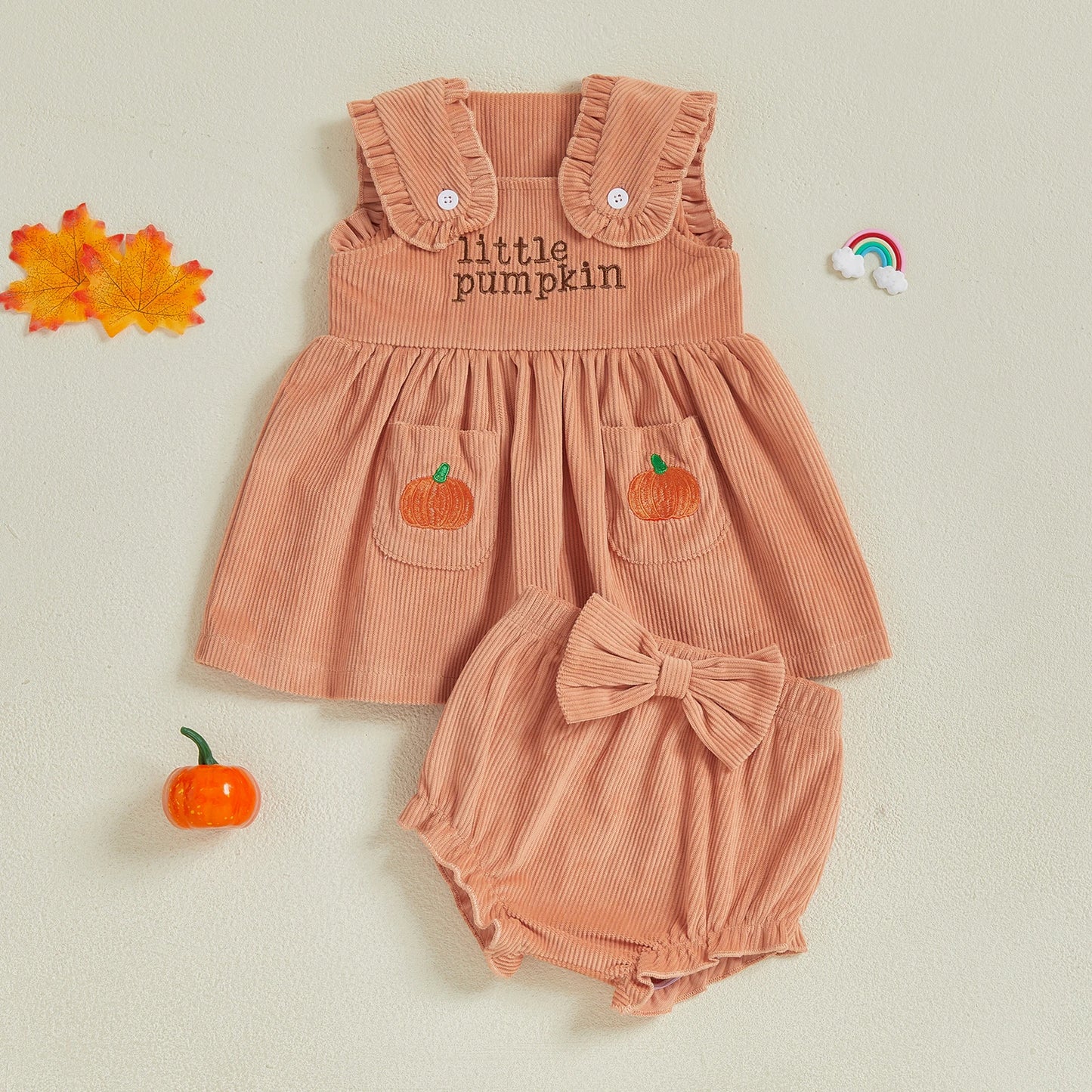 Toddler Baby Girl Halloween Outfits Pumpkin Letter Corduroy Tanks Bow Ruffles Shorts  Clothes Set