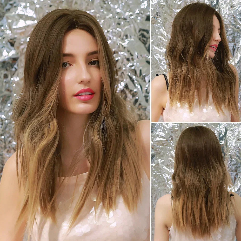 ESIN Synthetic Dark Brown Wig Long Wave Wigs for Women Hair Wig With Bangs Heat Resistant Party Daily Natural Use