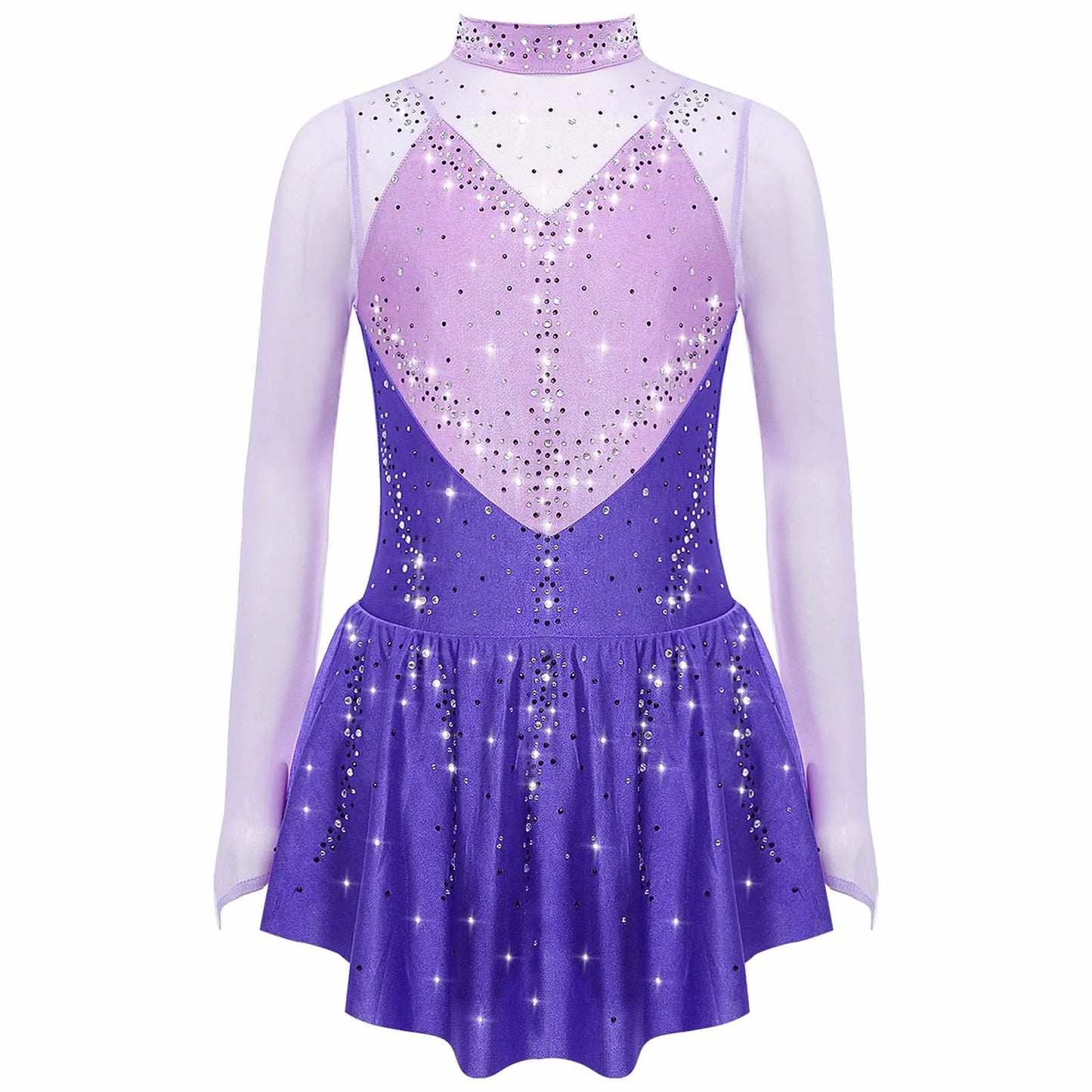 Kids Girls Figure Skating Dance Dress Ballet Lyrical Princess Costume Long Sleeve Color Block Mesh Rhinestones Leotard Dress