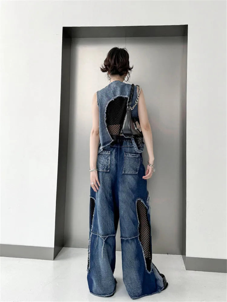 Grid Stitching V-Neck Denim Vest Women's Summer Fried Street Fashion Loose Burrs Short Sleeveless Vests Jackets Female