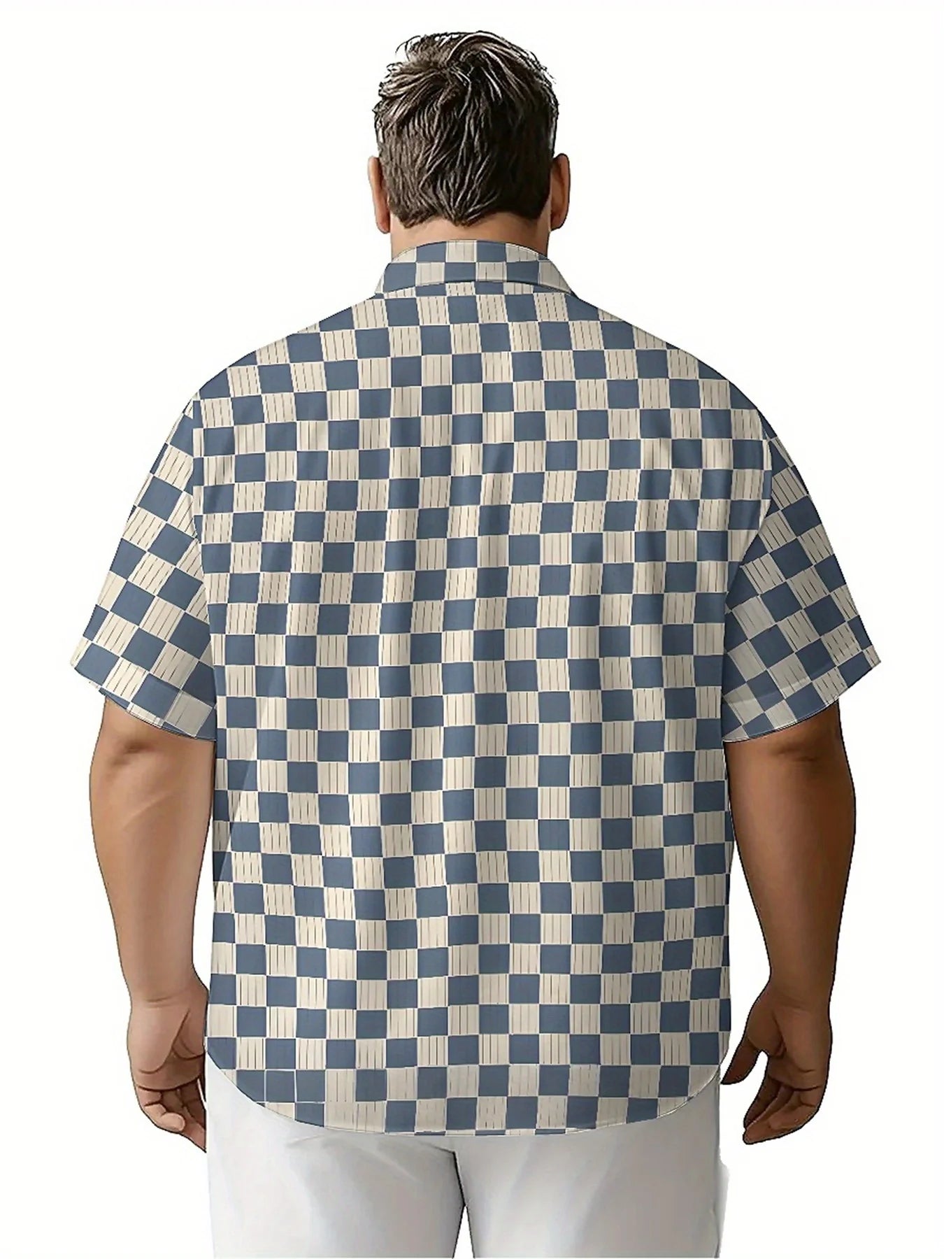 Men's Plus Size Hawaiian Shirts Blue and White Checkered Three-dimensional Pattern,summer Fashion Tops,Hip Hop Rock Streetwear