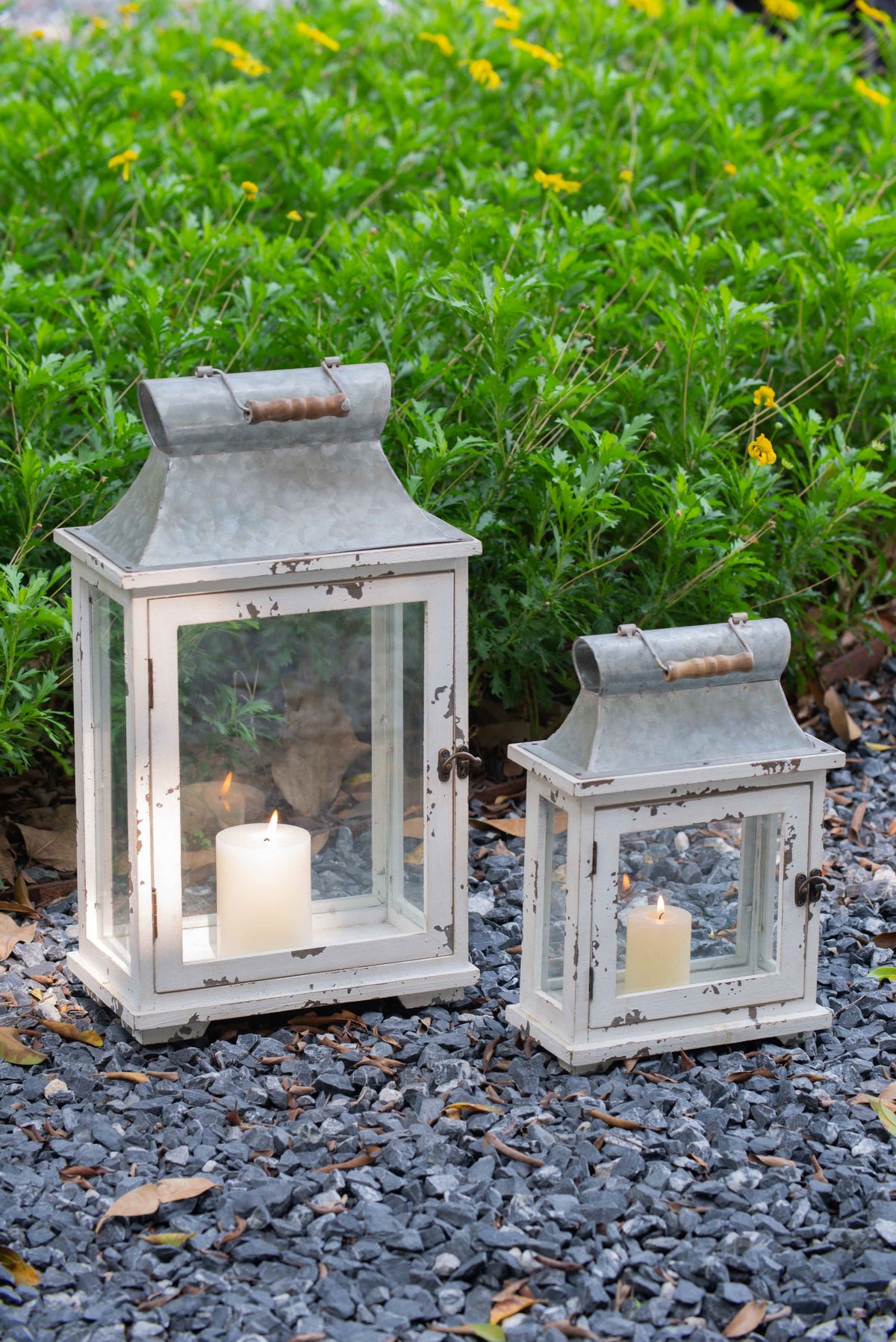 Set of 2 White Wood & Metal Hurricane Candle Lanterns