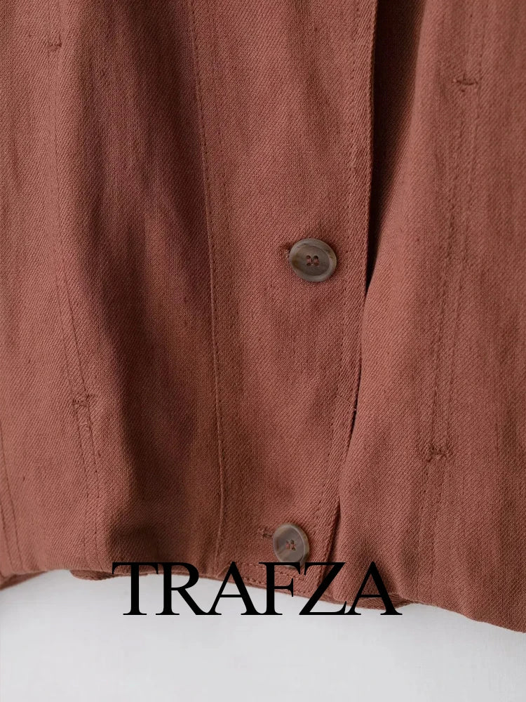 TRAFZA Female New Fashion Casual Jackets Solid O-Neck Long Sleeves Single-Breasted Women's Autumn Streetwear Style Coats