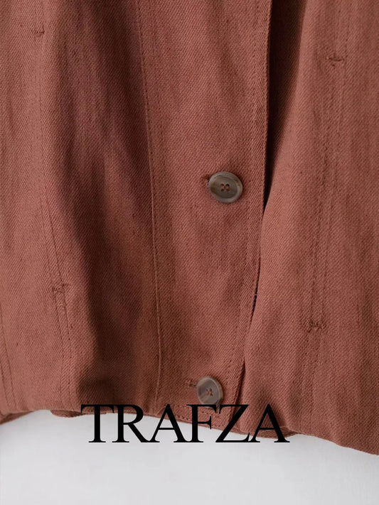 TRAFZA Female New Fashion Casual Jackets Solid O-Neck Long Sleeves Single-Breasted Women's Autumn Streetwear Style Coats