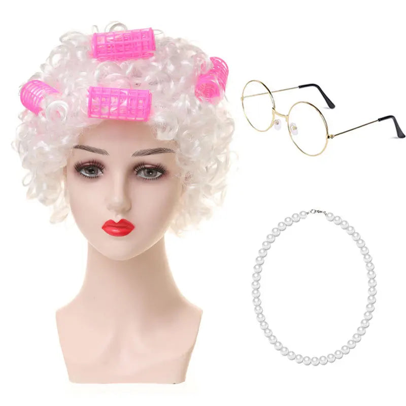 Granny Wig Cos Halloween Granny Curly Hair Charterer Stage Show Wig Cover Props