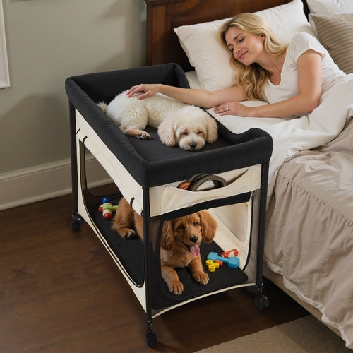 Elevated Lounge Pet Bed Foldable Bunk Dog Bed With Wheels & Side Bags