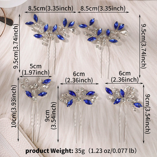 Blue Crystal Bride Elegant Hair Pins Fashion Leaves Rhinestones Hair Clips Headwear For Women Party Jewelry Hair Accessories