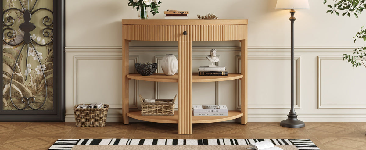 Fluted Half Moon Console Table with Drawer and 2 Shelves for Entryway,