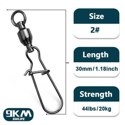 9KM 10PCS Ball Bearing Swivel Snap Duo-lock Snap Swivel Fishing Clip Swivel Line Connector Black Nickel for Saltwater Freshwater