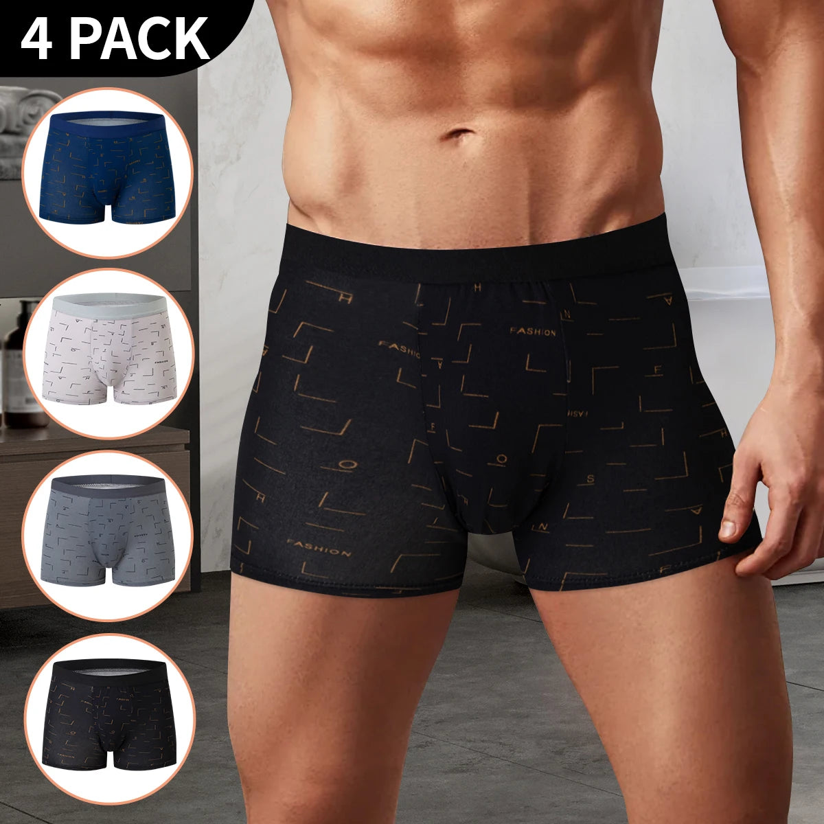 4-piece MEN'S Underwear Comfortable and Fashionable Plus-size Printed Boyshort Maximum 6XL Swimming Trunks for Teenagers.