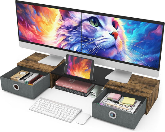 Dual Monitor Stand Riser For Two Monitors With Two Drawers