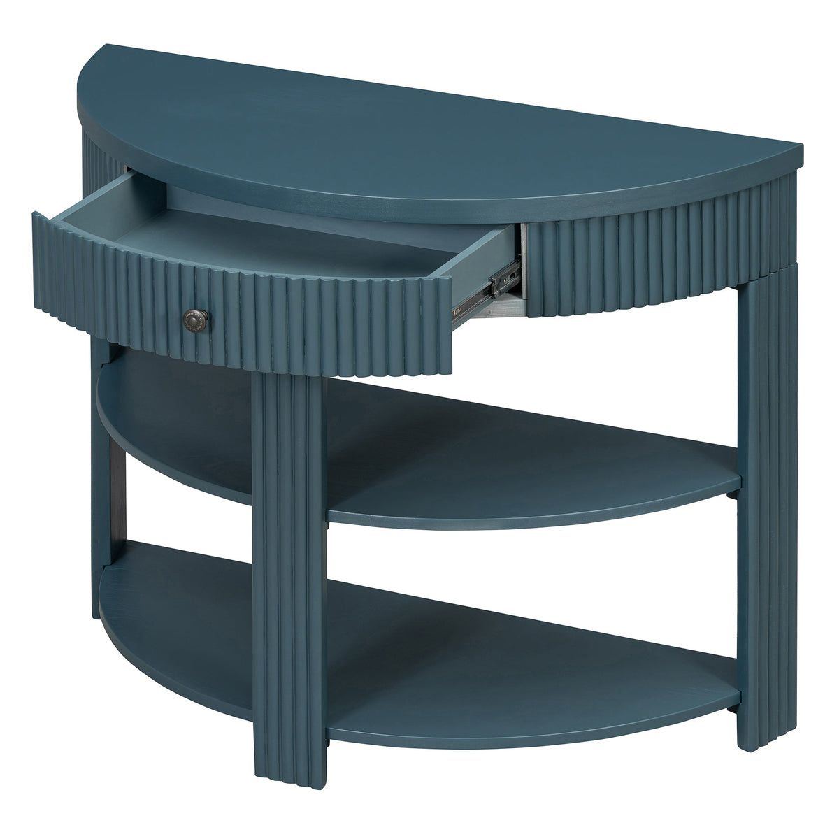 Fluted Half Moon Console Table with Drawer and 2 Shelves for Entryway,