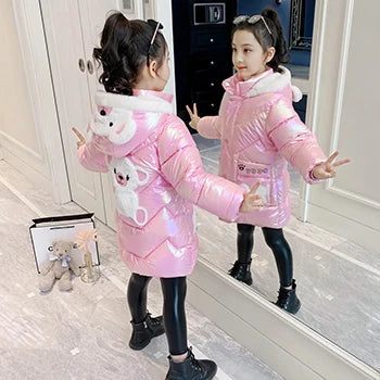 3 4 6 8 10 Years Girls Long Winter Down Jacket Cute Bear Coats For Girls Parkas Fashion Bright Hooded Child Waterproof Outerwear
