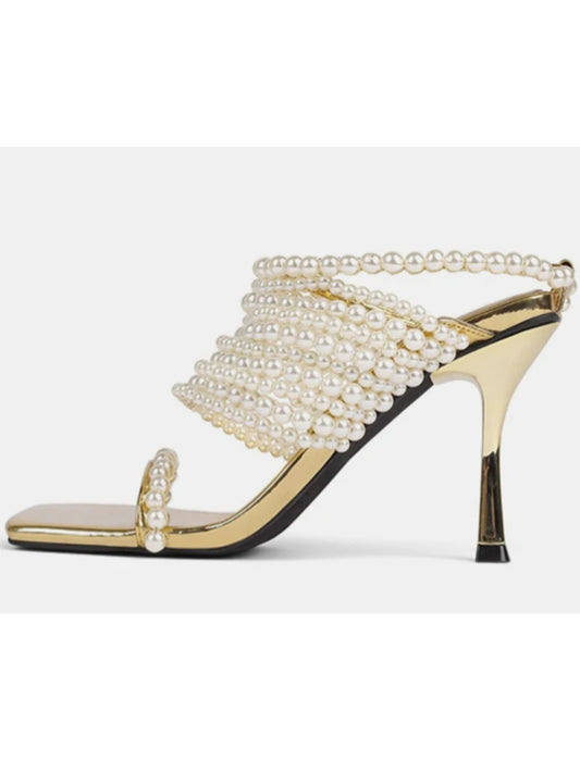 Golden Heels Pearl Chain Heeled Sandals Women Luxury Designer Shoes Summer Thin High Heel Pull On Slip On Shoe Mule Sandals New