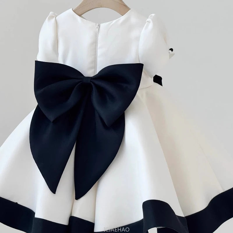 Elegant Princess Baby Girl Satin 1st Birthday Dress Wedding Flower Girl Princess Gown Black White Classic Party Outfit Clothes