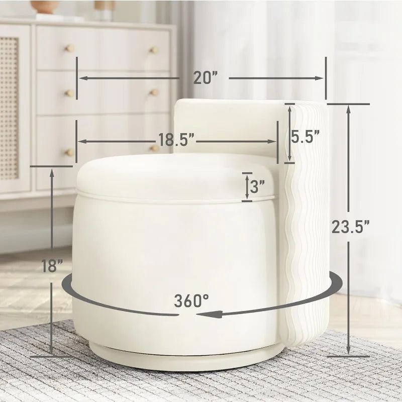 360° Swivel Accent Chair with Storage, Vanity Stool Back,Velvet Storage Ottoman,Upholstered Round Barrel Vanity Chair(Off White)