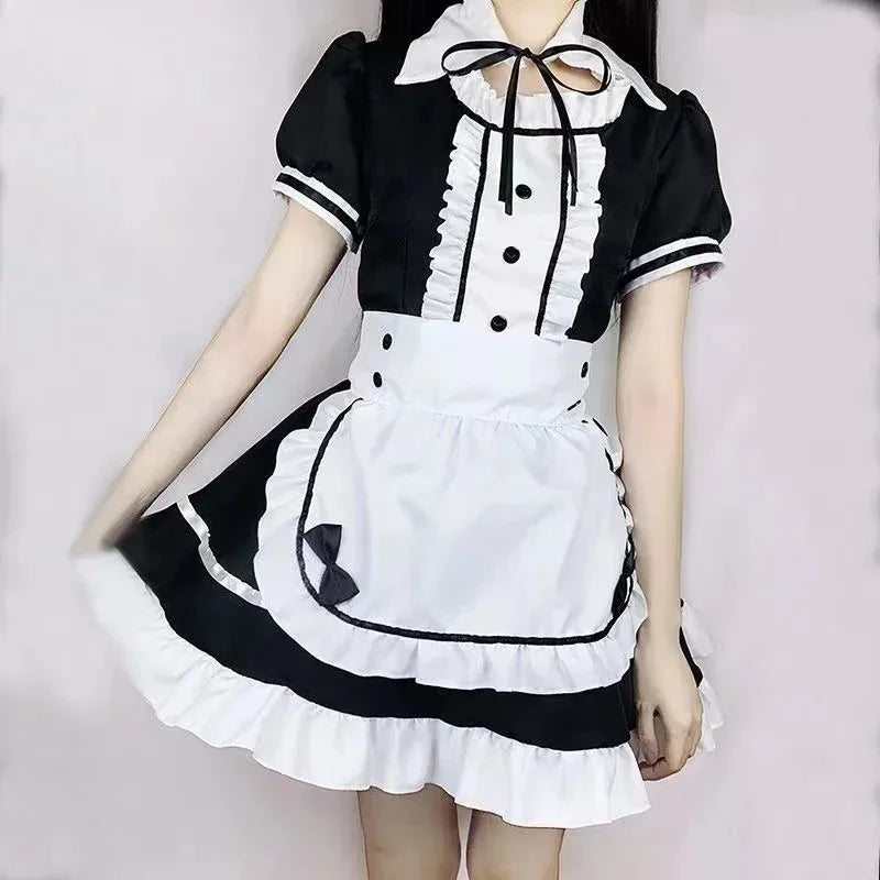 Sexy Lingerie Lolita Maid Cosplay Costume Women Headwear Apron Fake Collar Bowknot Black Dress Halloween Party Outfit
