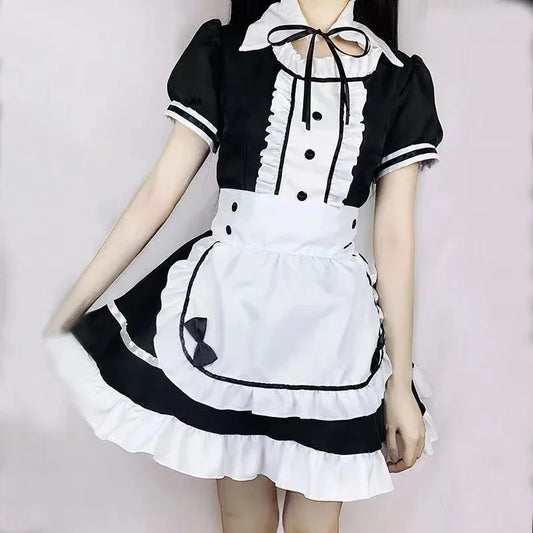 Sexy Lingerie Lolita Maid Cosplay Costume Women Headwear Apron Fake Collar Bowknot Black Dress Halloween Party Outfit