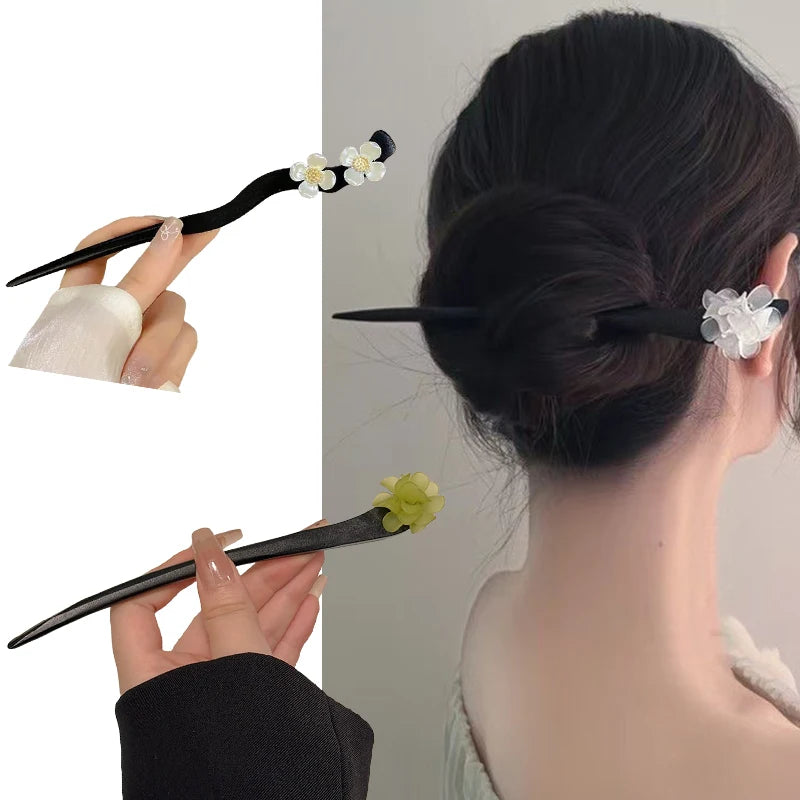 Vintage Chinese Style Wooden Flower Hair Sticks Pearl Hairpin Jewelry for Women Temperament Hair Accessories Wedding Styling Gif