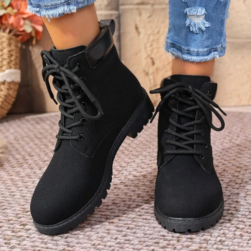 Lace-Up Front Block Heel Single Boots Women's Fashion Round Toe Suede Anti-Slip Wear-Resistant Booties